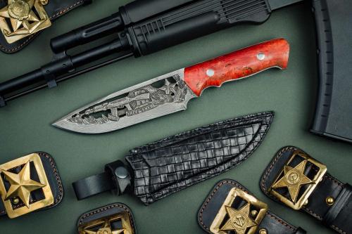 Нож Калашников дамаск с рисунком, красное дерево