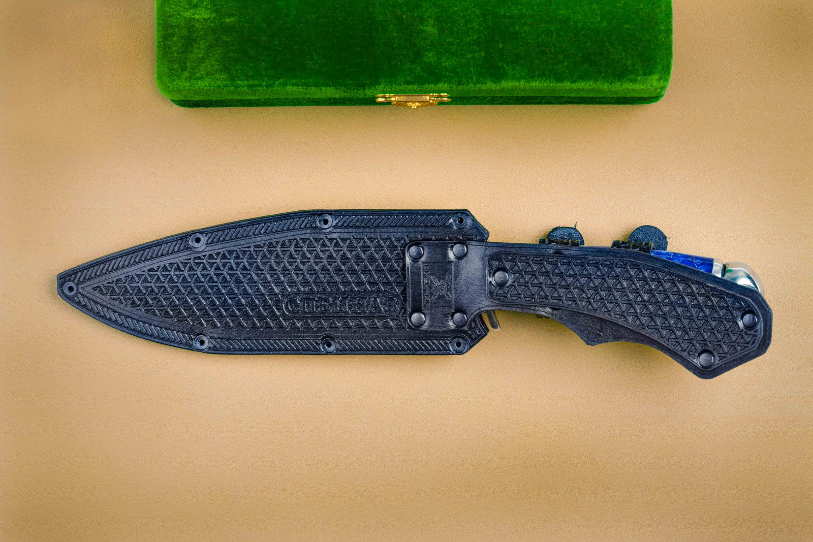 Нож Спецназ Х12МФ Акрил синий резные Ножны Кизляр Андреев д.В.