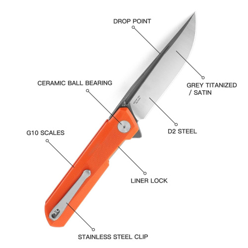 Нож Bestechman Dundee satin/grey titanized сталь D2, рукоять Orange G10