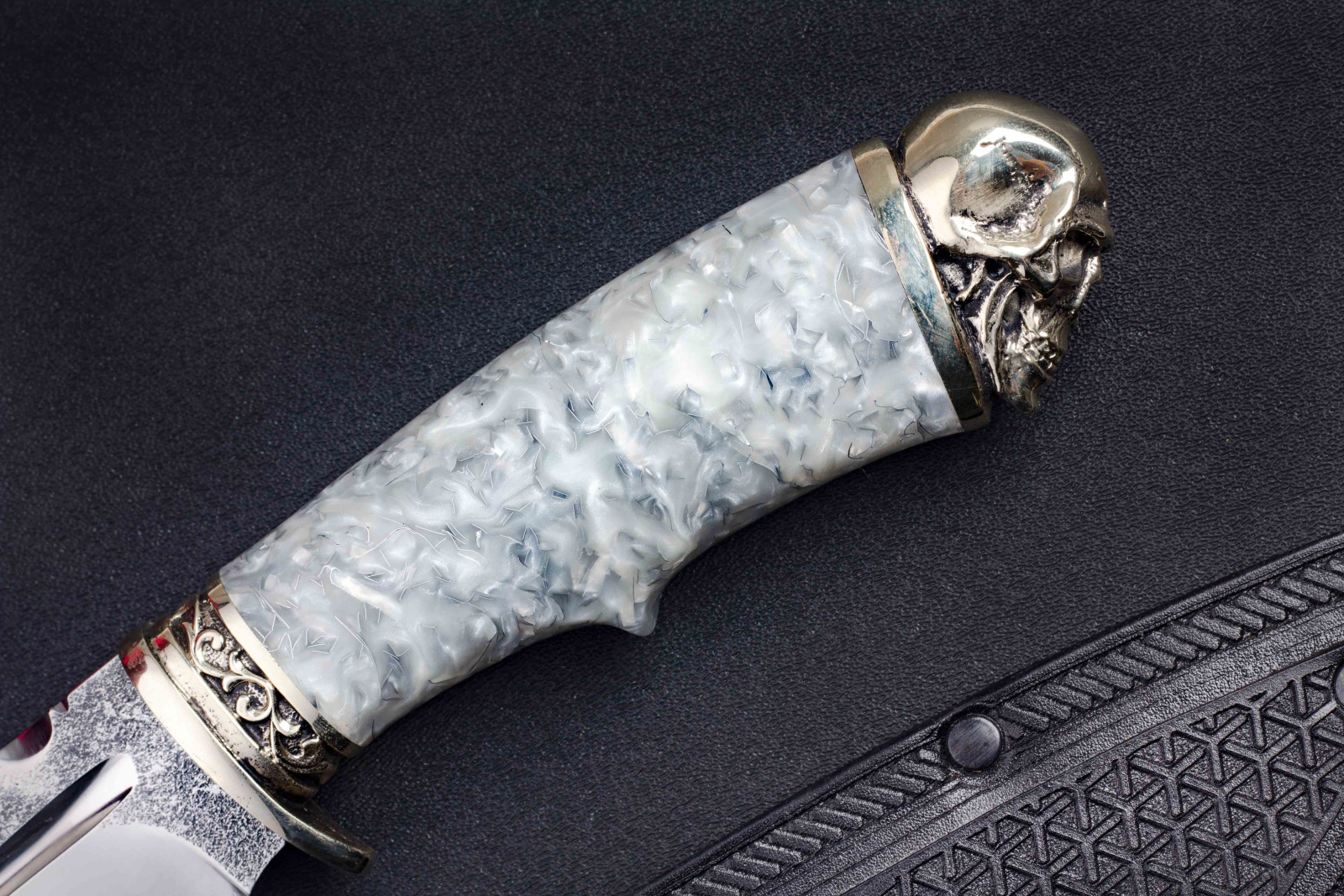 Нож Спецназ Х12МФ Акрил серый резные Ножны Кизляр Андреев д.В.